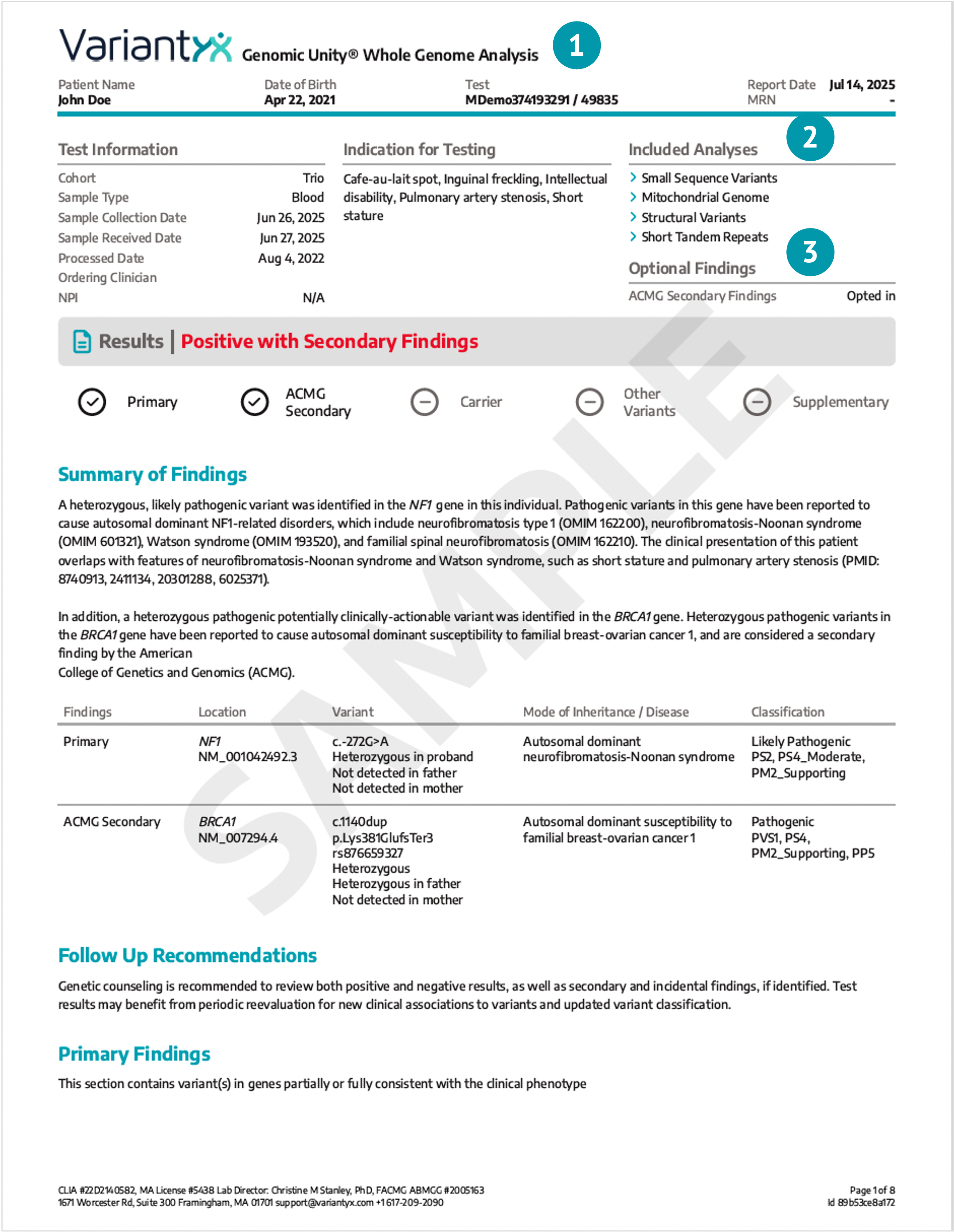 Genomic Unity sample report page 1