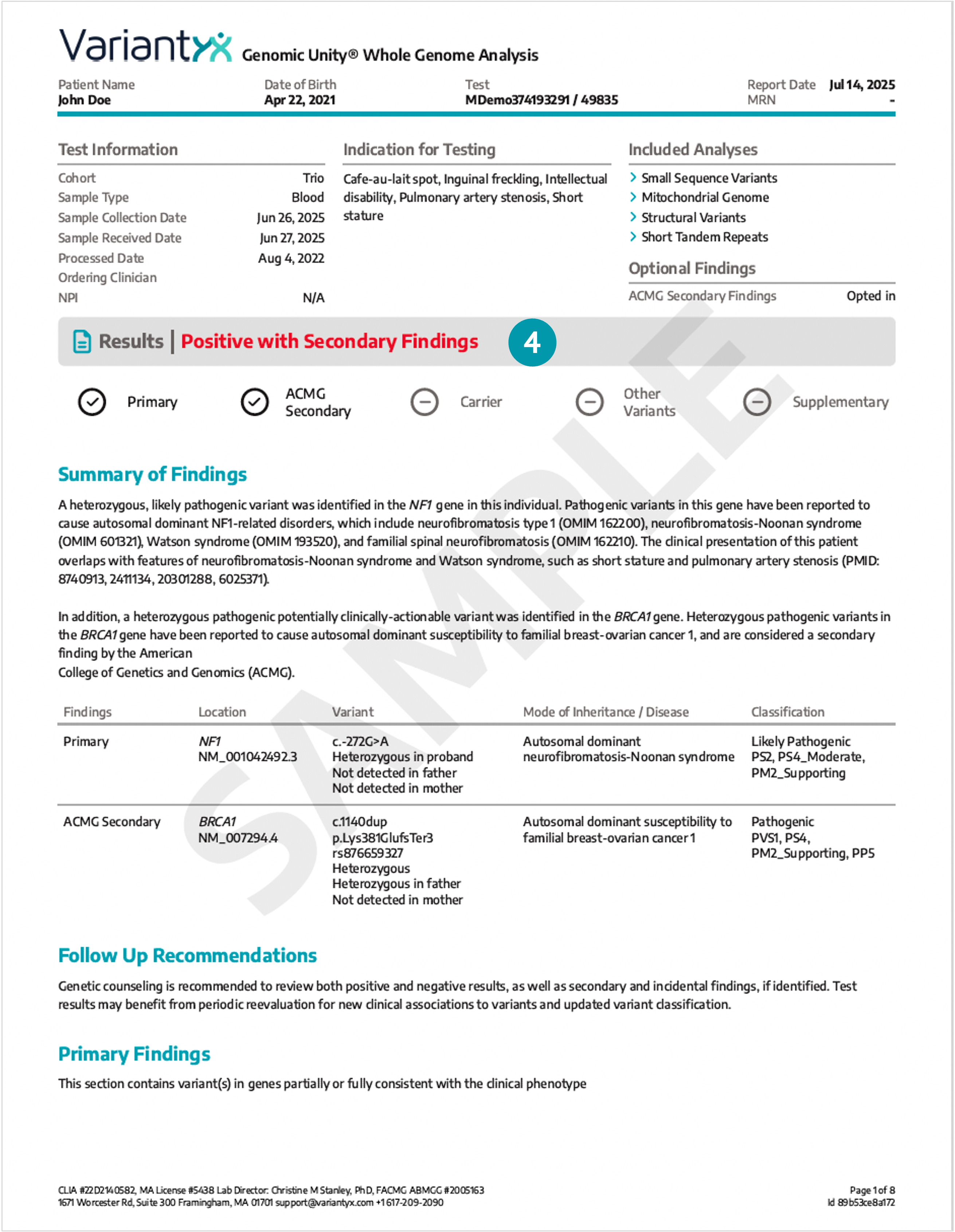 Genomic Unity sample report page 1