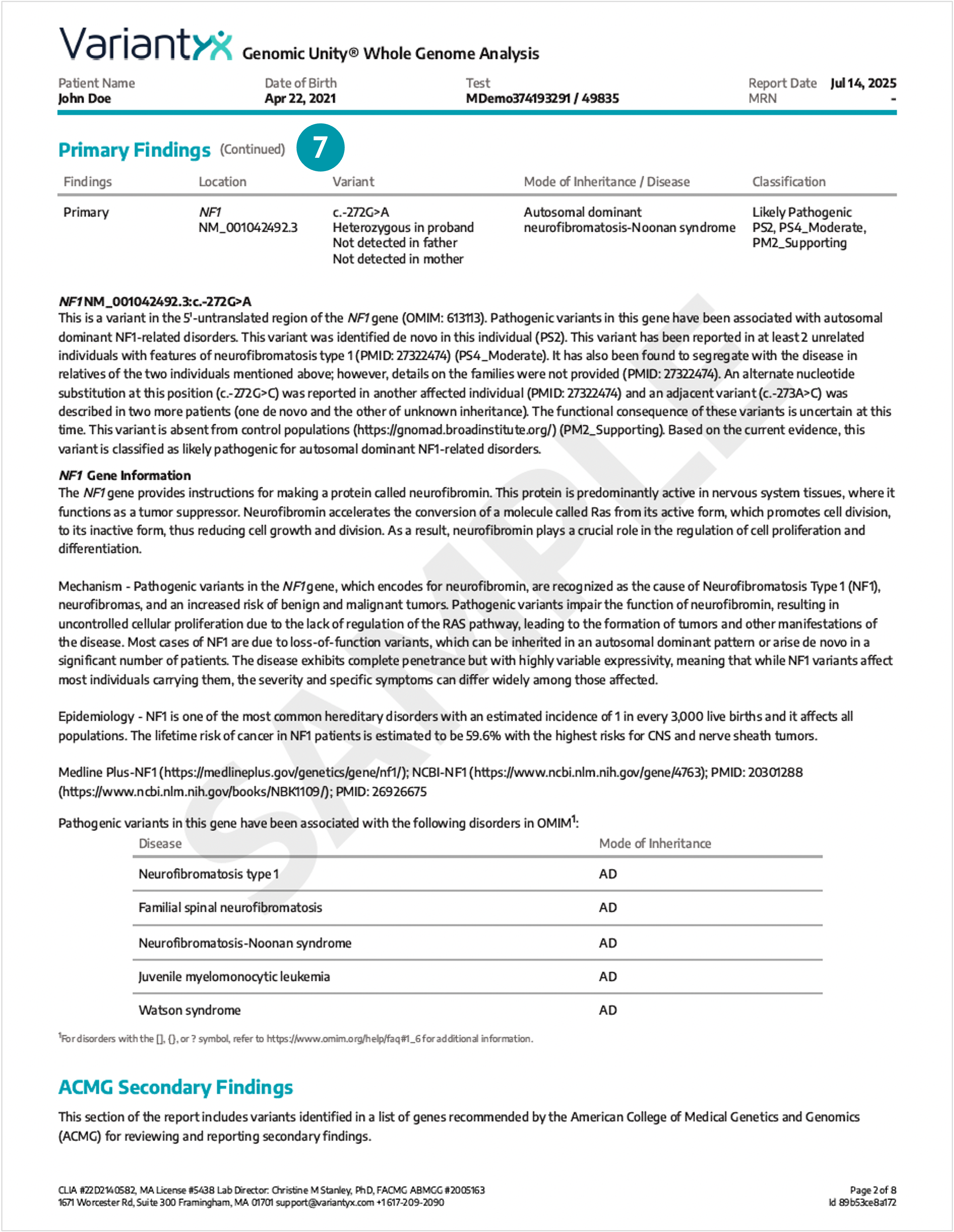 Genomic Unity sample report page 2